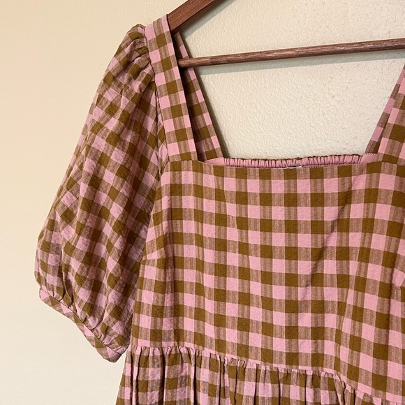 Madewell Pink and Olive Green Gingham Plaid Mini Babydoll Puff Sleeve Dress - Picture 4 of 9